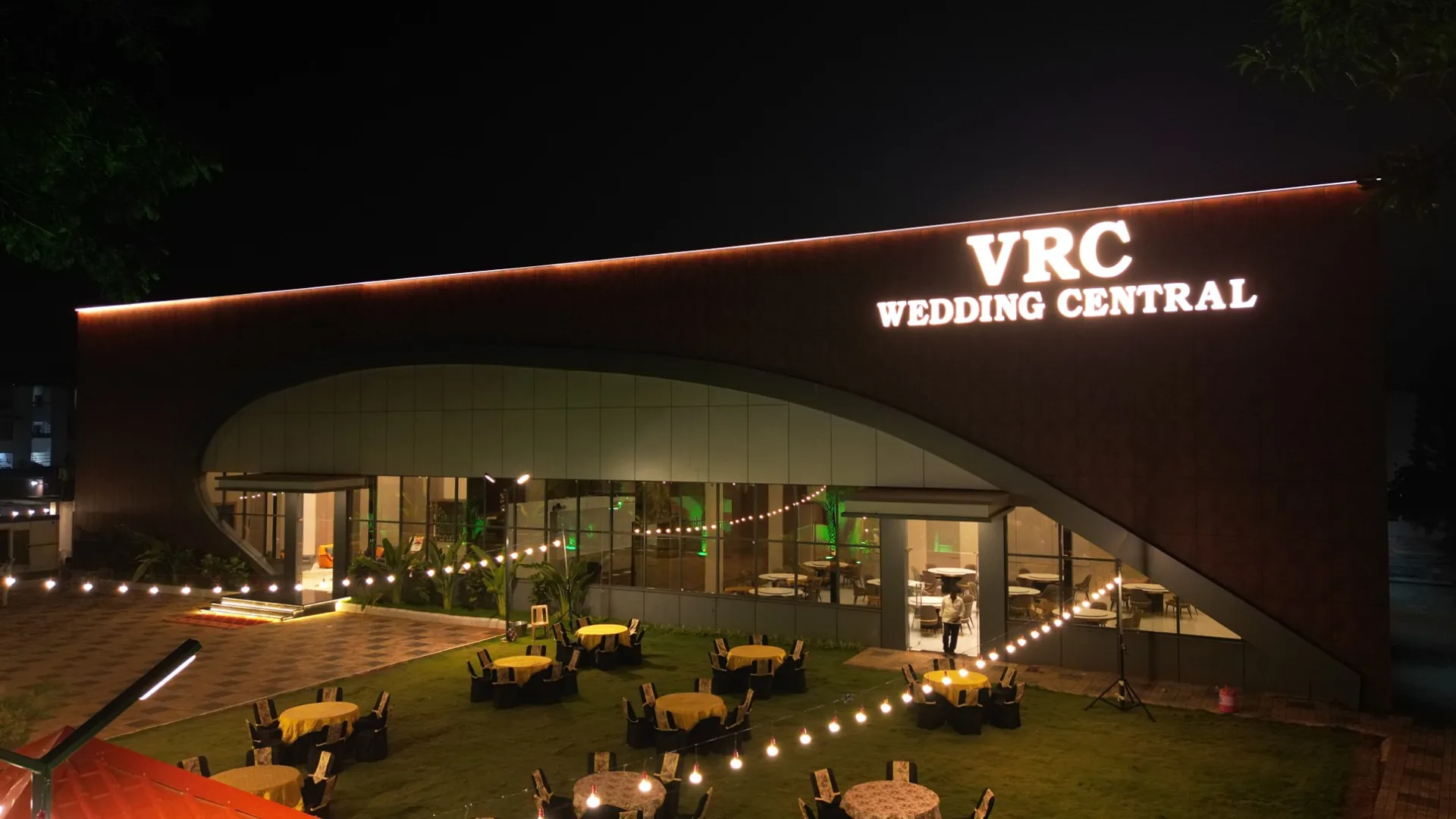 VRC Wedding Central lit up at night